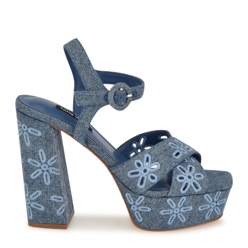 Nine West Vallena Ankle Strap Platform Sandals Stylish Blue Denim, Size 8 1/2